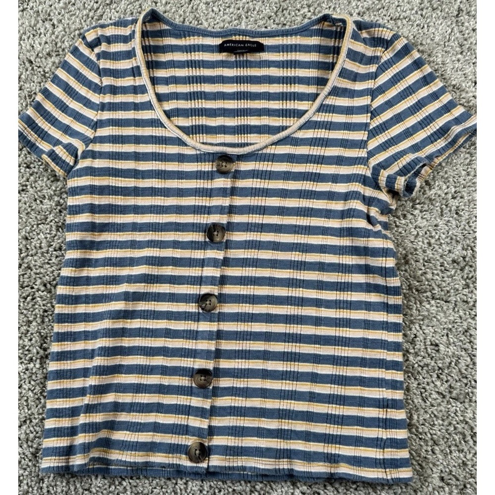 American Eagle‎ Womens Short Sleeve Striped Button Top Shirt Medium